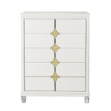 37" White Wood With Gold Faux Crystal Bling Wood Five Drawer Dresser