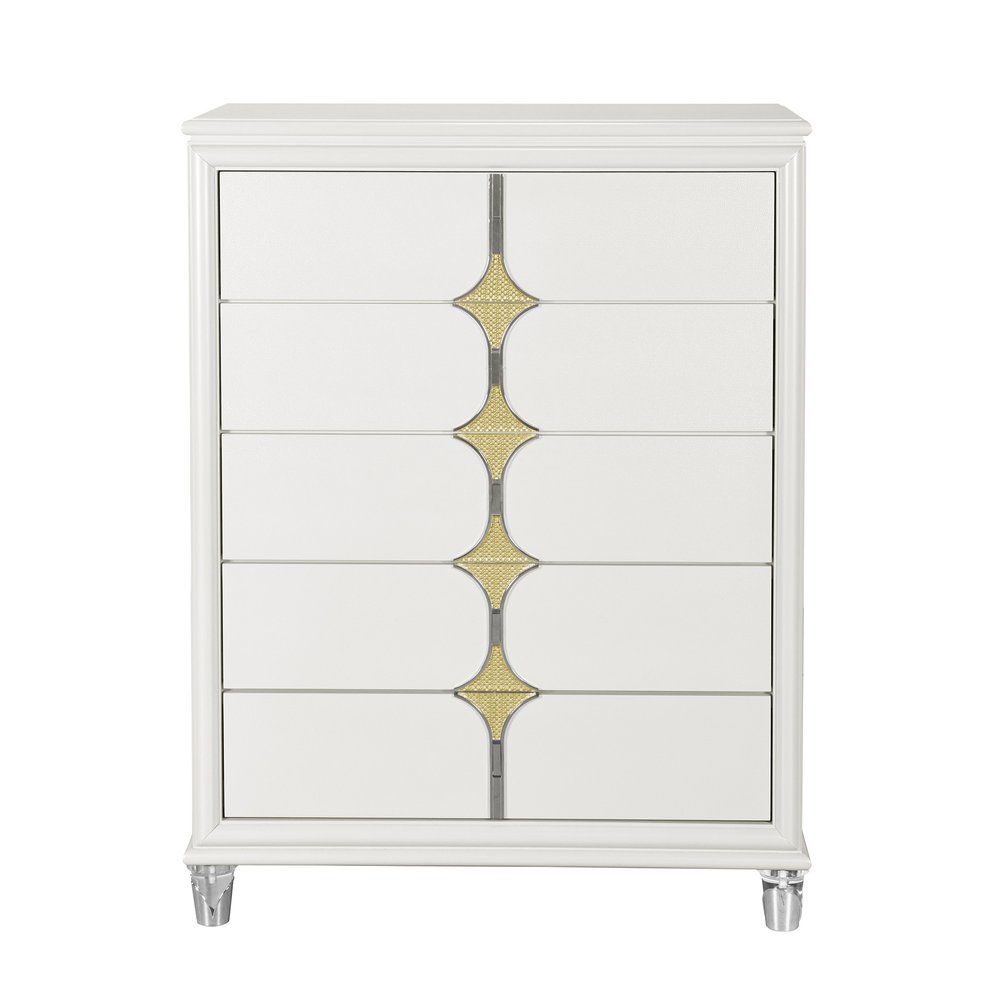 37" White Wood With Gold Faux Crystal Bling Wood Five Drawer Dresser