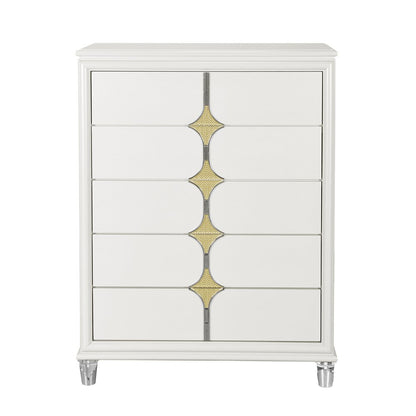 37" White Wood With Gold Faux Crystal Bling Wood Five Drawer Dresser