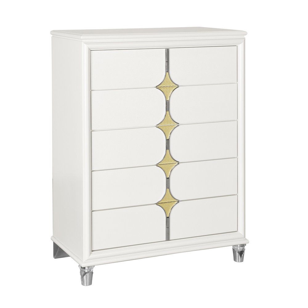 37" White Wood With Gold Faux Crystal Bling Wood Five Drawer Dresser