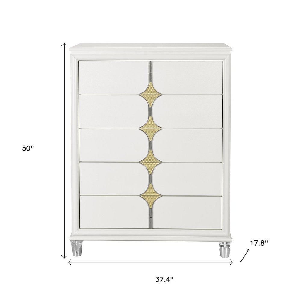 37" White Wood With Gold Faux Crystal Bling Wood Five Drawer Dresser
