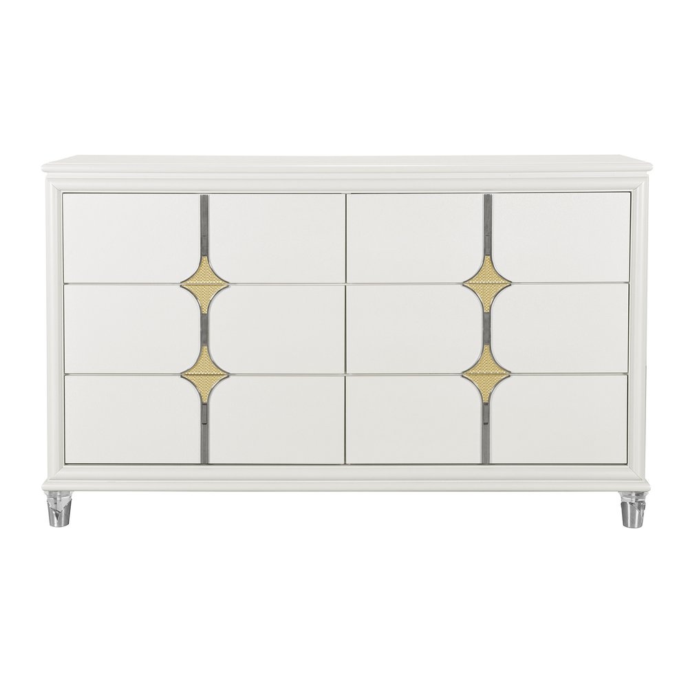 63" White Wood With Gold Faux Crystal Bling Wood Six Drawer Double Dresser