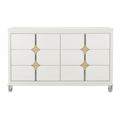 63" White Wood With Gold Faux Crystal Bling Wood Six Drawer Double Dresser