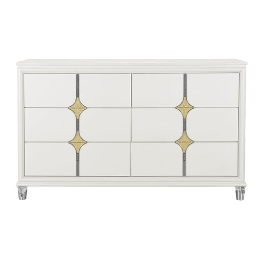 63" White Wood With Gold Faux Crystal Bling Wood Six Drawer Double Dresser