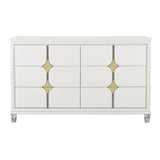 63" White Wood With Gold Faux Crystal Bling Wood Six Drawer Double Dresser