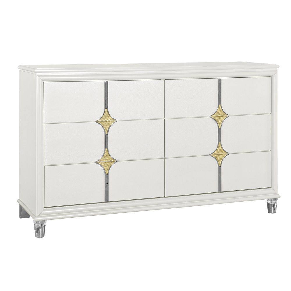 63" White Wood With Gold Faux Crystal Bling Wood Six Drawer Double Dresser