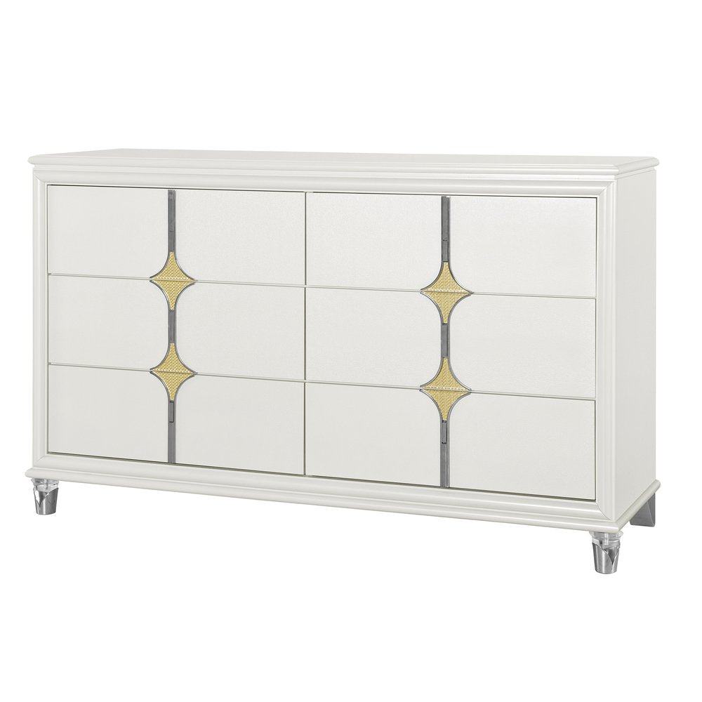 63" White Wood With Gold Faux Crystal Bling Wood Six Drawer Double Dresser