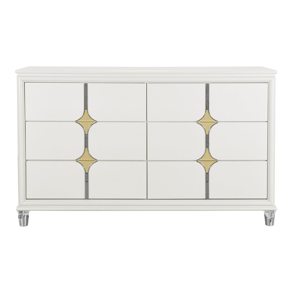 63" White Wood With Gold Faux Crystal Bling Wood Six Drawer Double Dresser