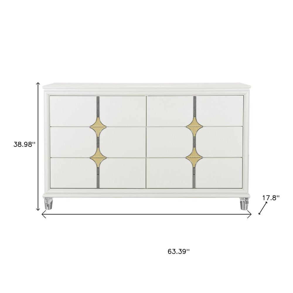 63" White Wood With Gold Faux Crystal Bling Wood Six Drawer Double Dresser