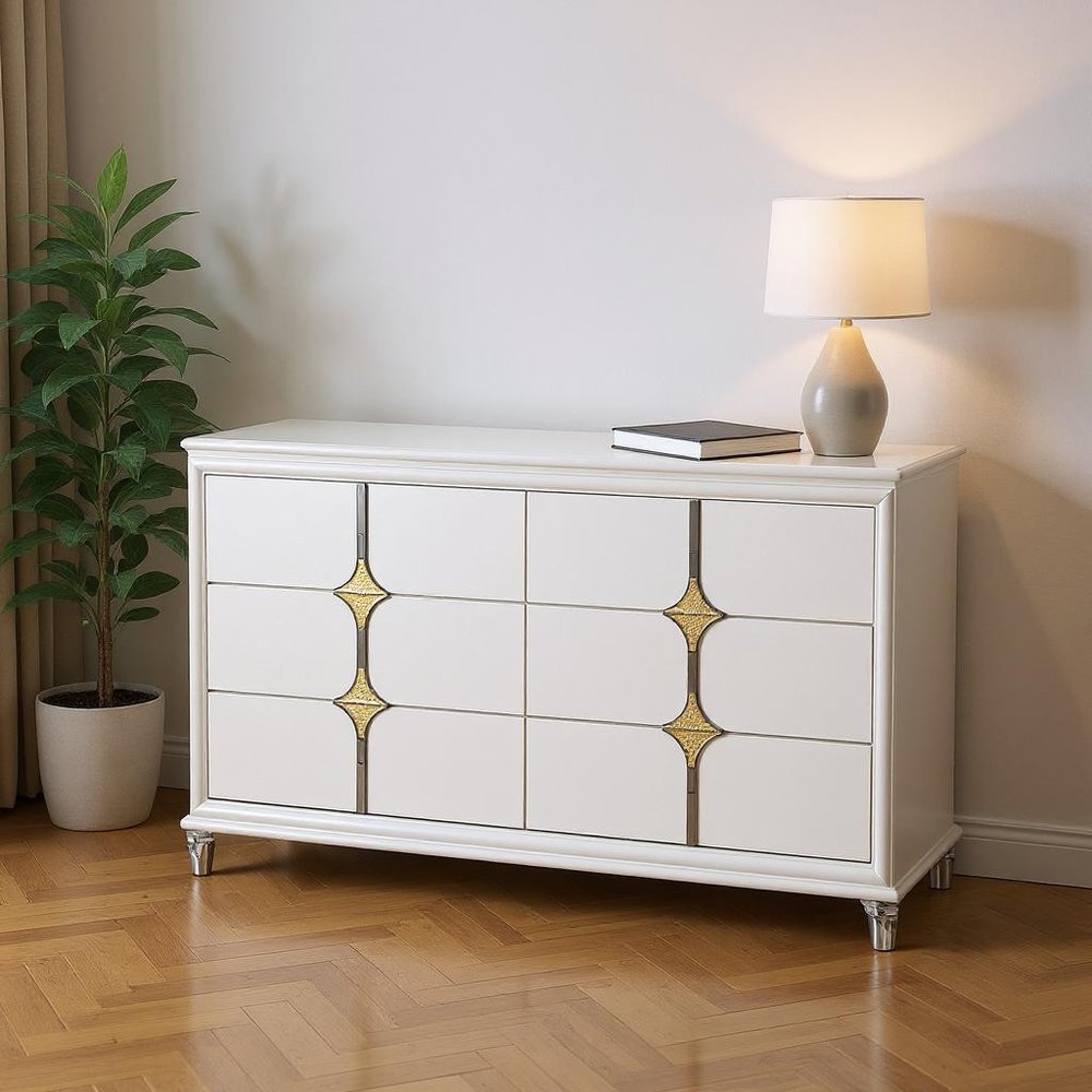 63" White Wood With Gold Faux Crystal Bling Wood Six Drawer Double Dresser