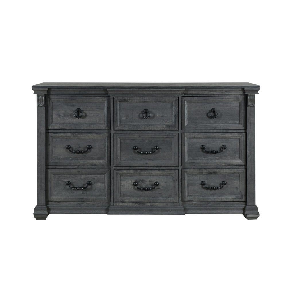 64" Gray Wood Nine Drawer Triple Dresser