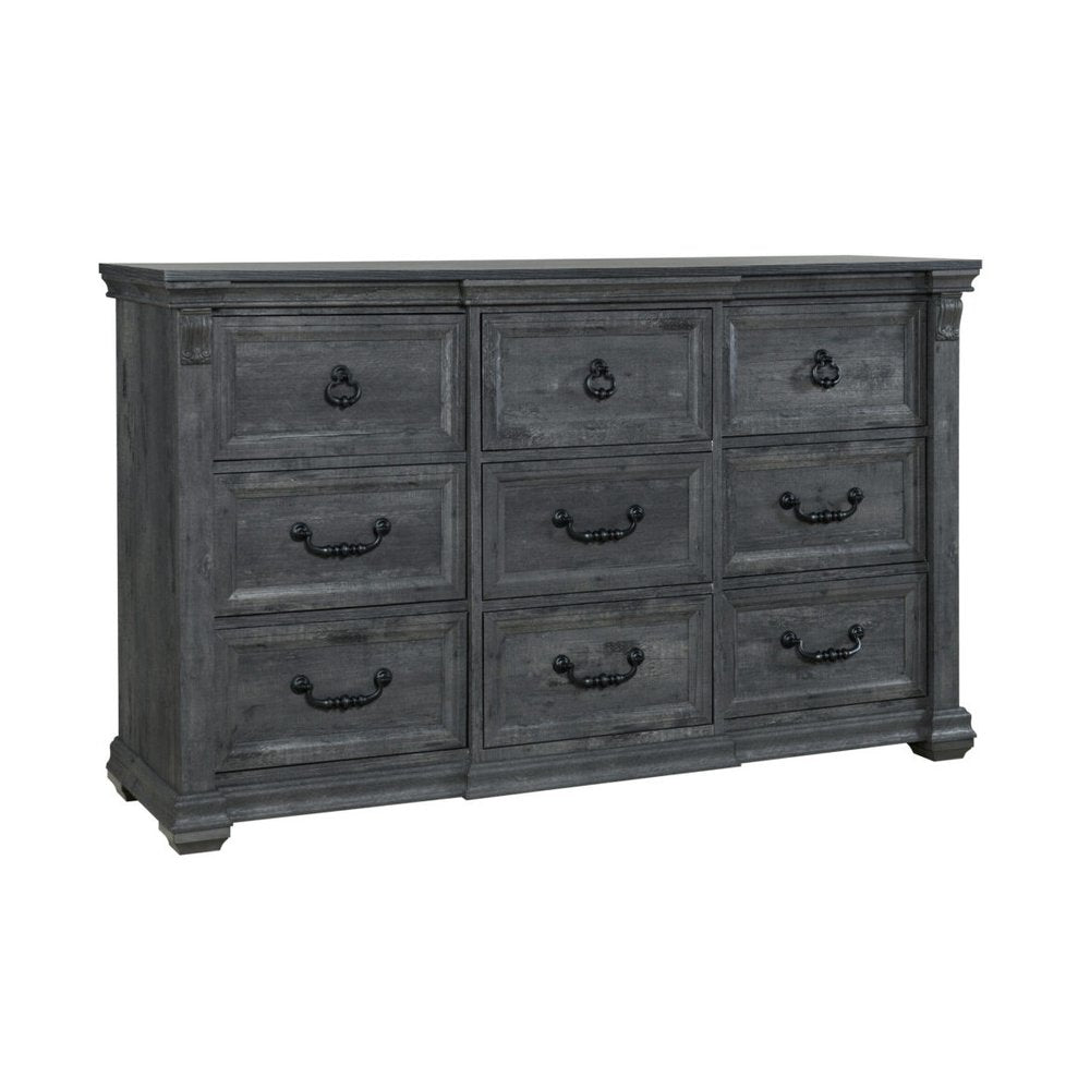64" Gray Wood Nine Drawer Triple Dresser