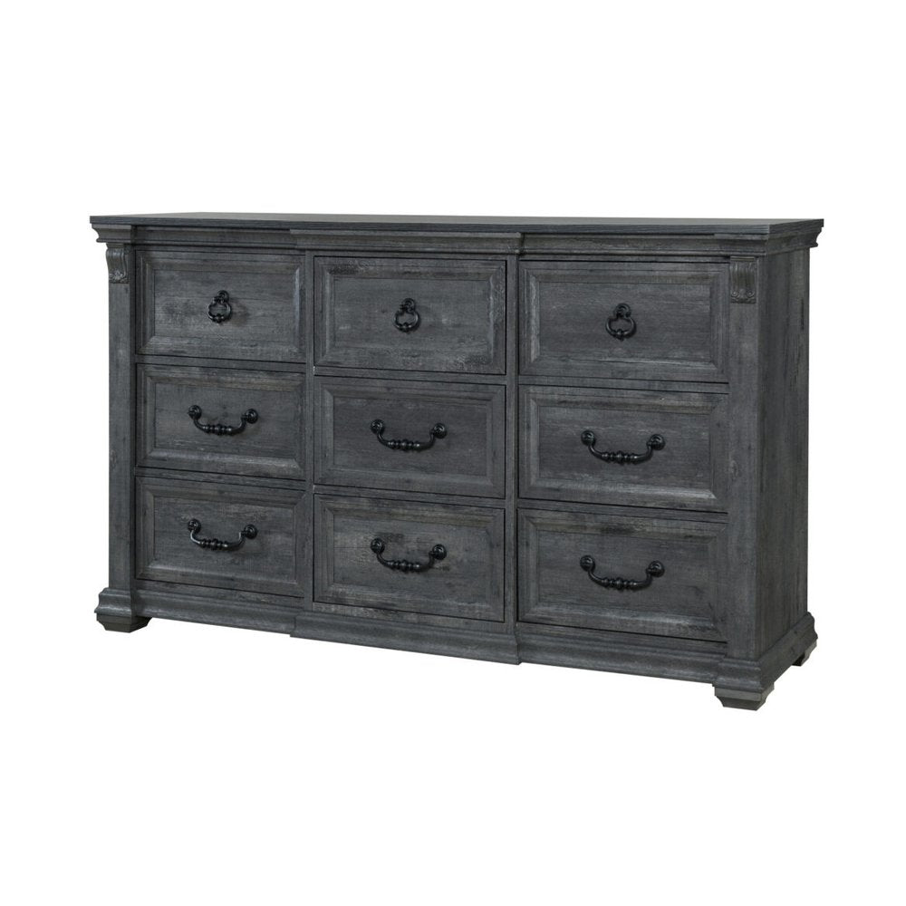 64" Gray Wood Nine Drawer Triple Dresser