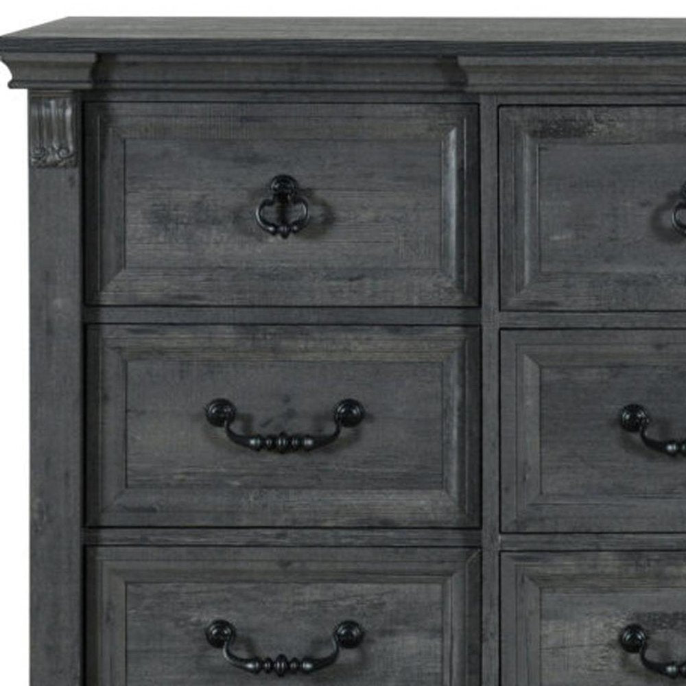 64" Gray Wood Nine Drawer Triple Dresser