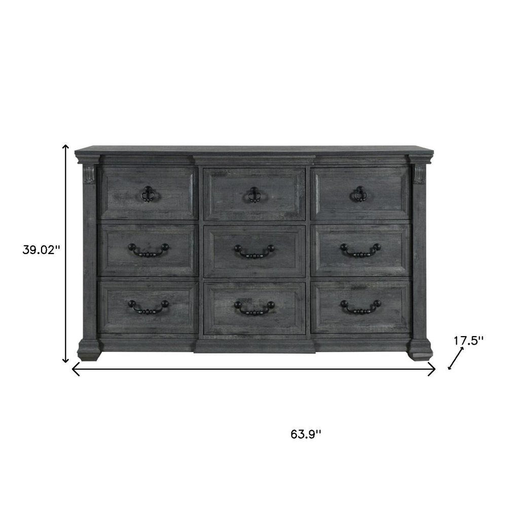 64" Gray Wood Nine Drawer Triple Dresser
