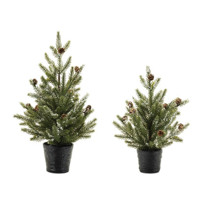 Set of Two 15" Green Mini Artificial Pine Trees With Pinecones In Round Black Metal Pots
