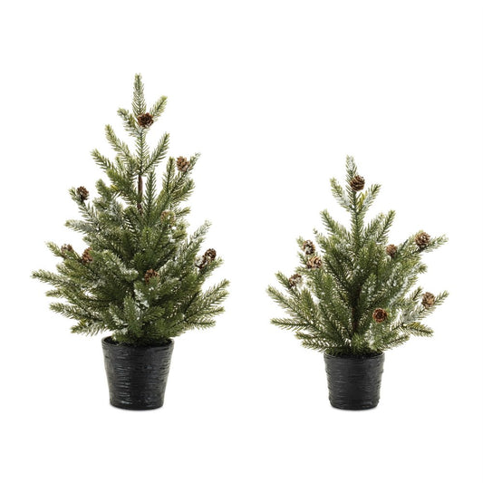Set of Two 15" Green Mini Artificial Pine Trees With Pinecones In Round Black Metal Pots