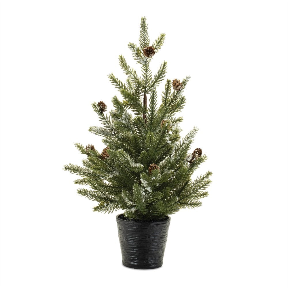 Set of Two 15" Green Mini Artificial Pine Trees With Pinecones In Round Black Metal Pots