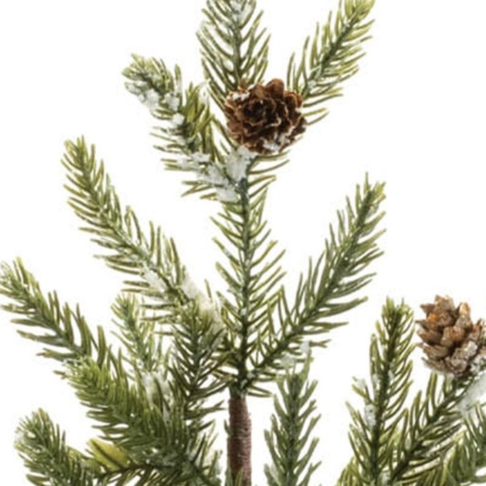 Set of Two 15" Green Mini Artificial Pine Trees With Pinecones In Round Black Metal Pots