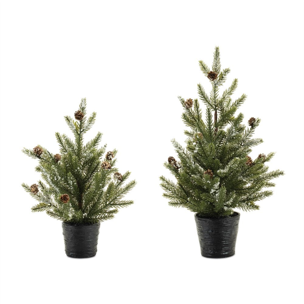 Set of Two 15" Green Mini Artificial Pine Trees With Pinecones In Round Black Metal Pots