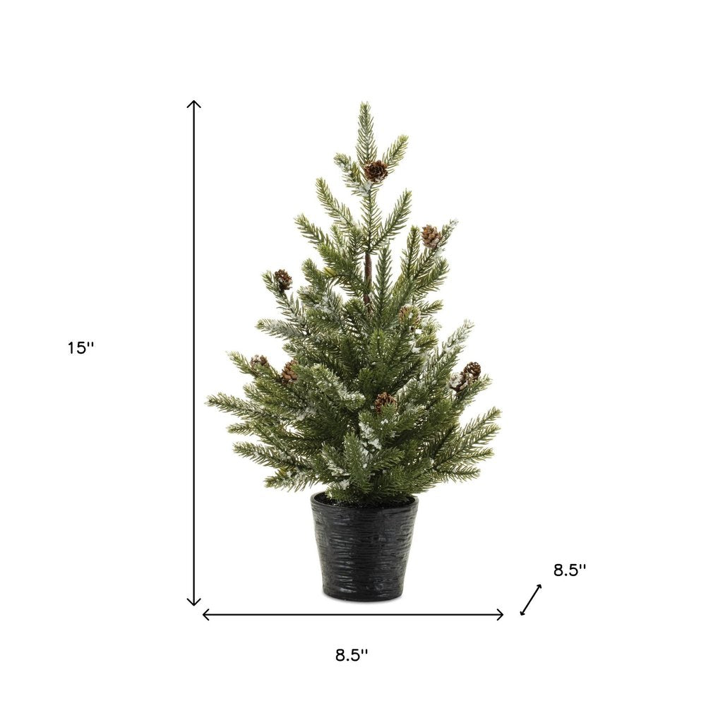 Set of Two 15" Green Mini Artificial Pine Trees With Pinecones In Round Black Metal Pots