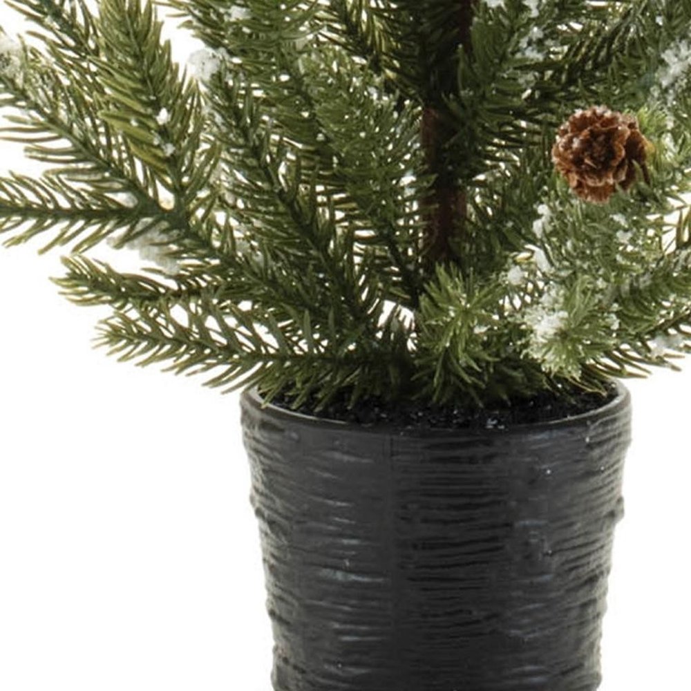 Set of Two 15" Green Mini Artificial Pine Trees With Pinecones In Round Black Metal Pots