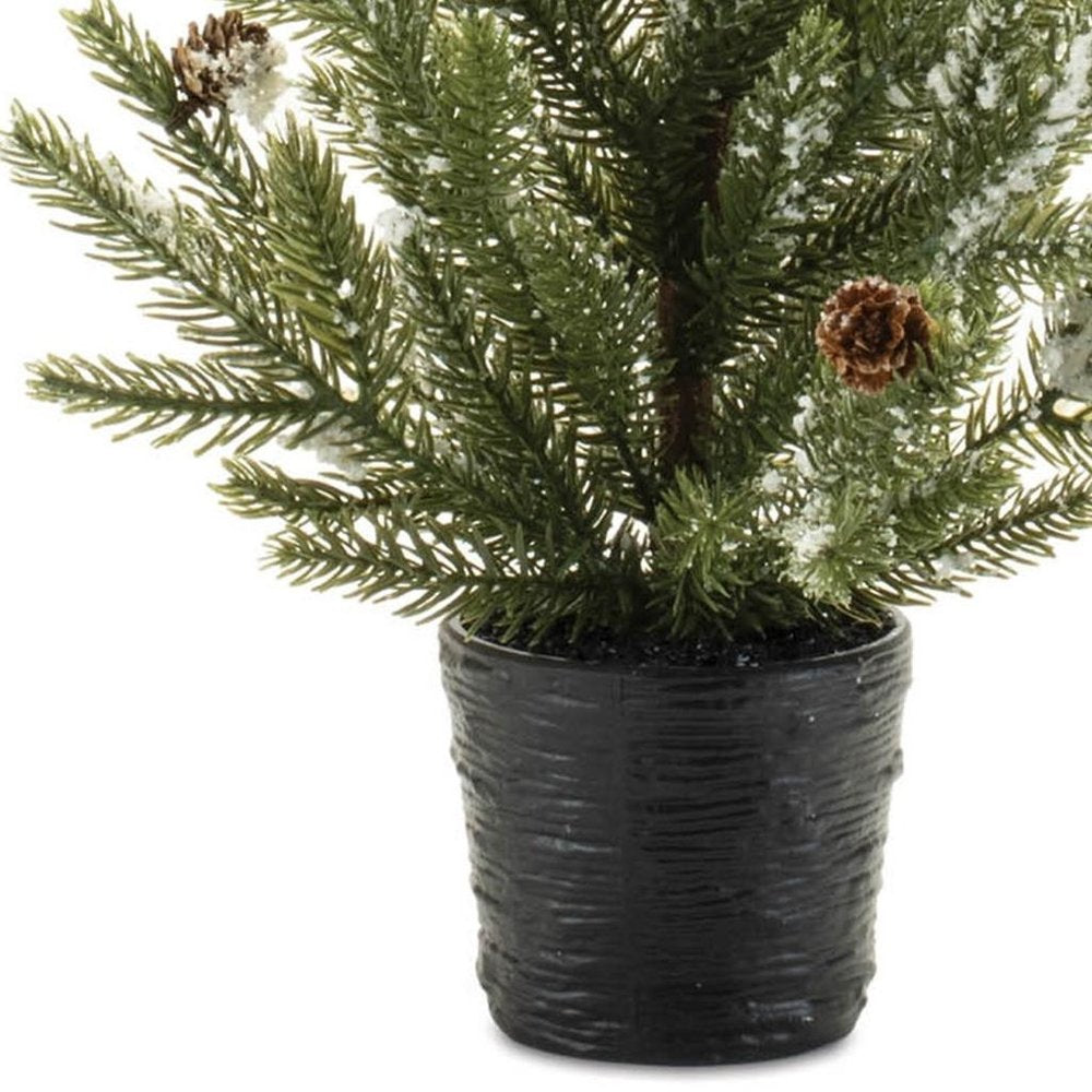 Set of Two 15" Green Mini Artificial Pine Trees With Pinecones In Round Black Metal Pots