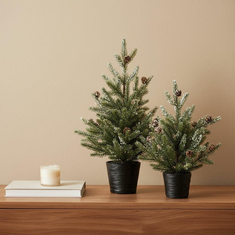 Set of Two 15" Green Mini Artificial Pine Trees With Pinecones In Round Black Metal Pots