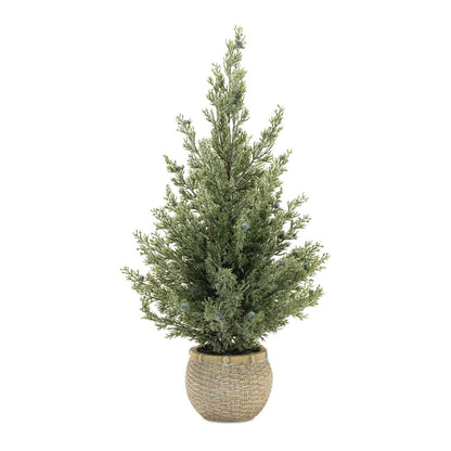 Set of Two 23" Green Artificial Pines In Round Faux Wicker Pots