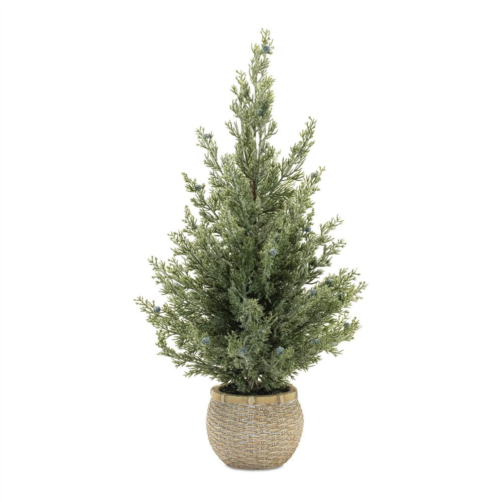 Set of Two 23" Green Artificial Pines In Round Faux Wicker Pots