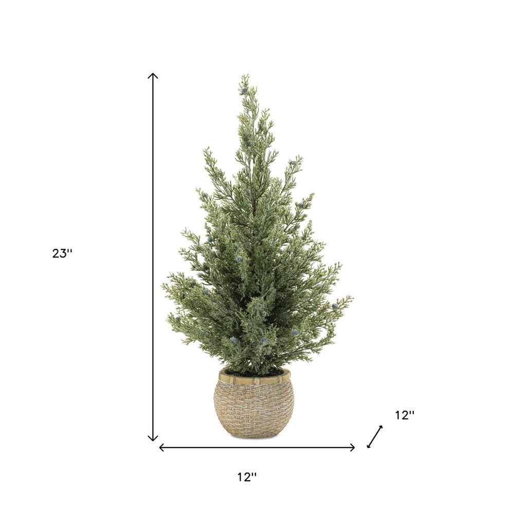 Set of Two 23" Green Artificial Pines In Round Faux Wicker Pots