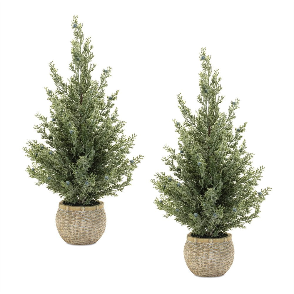 Set of Two 23" Green Artificial Pines In Round Faux Wicker Pots