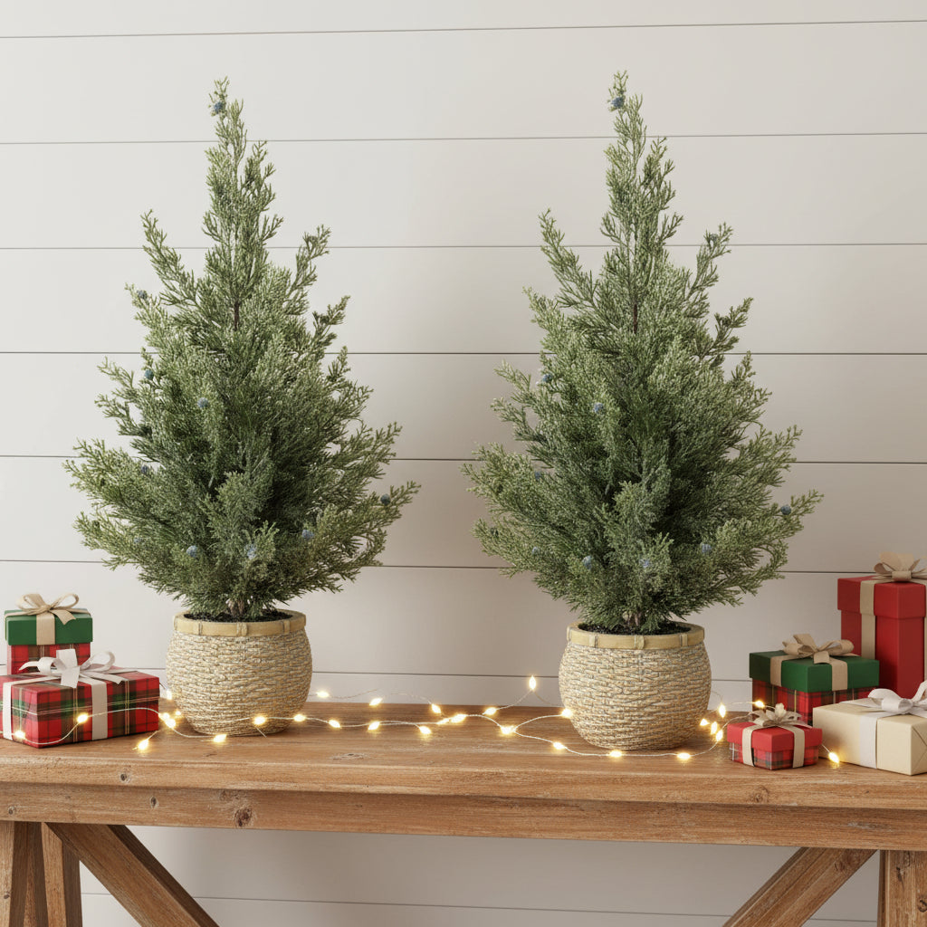 Set of Two 23" Green Artificial Pines In Round Faux Wicker Pots