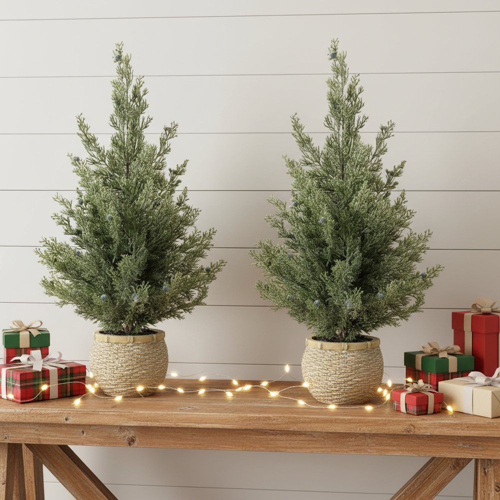 Set of Two 23" Green Artificial Pines In Round Faux Wicker Pots