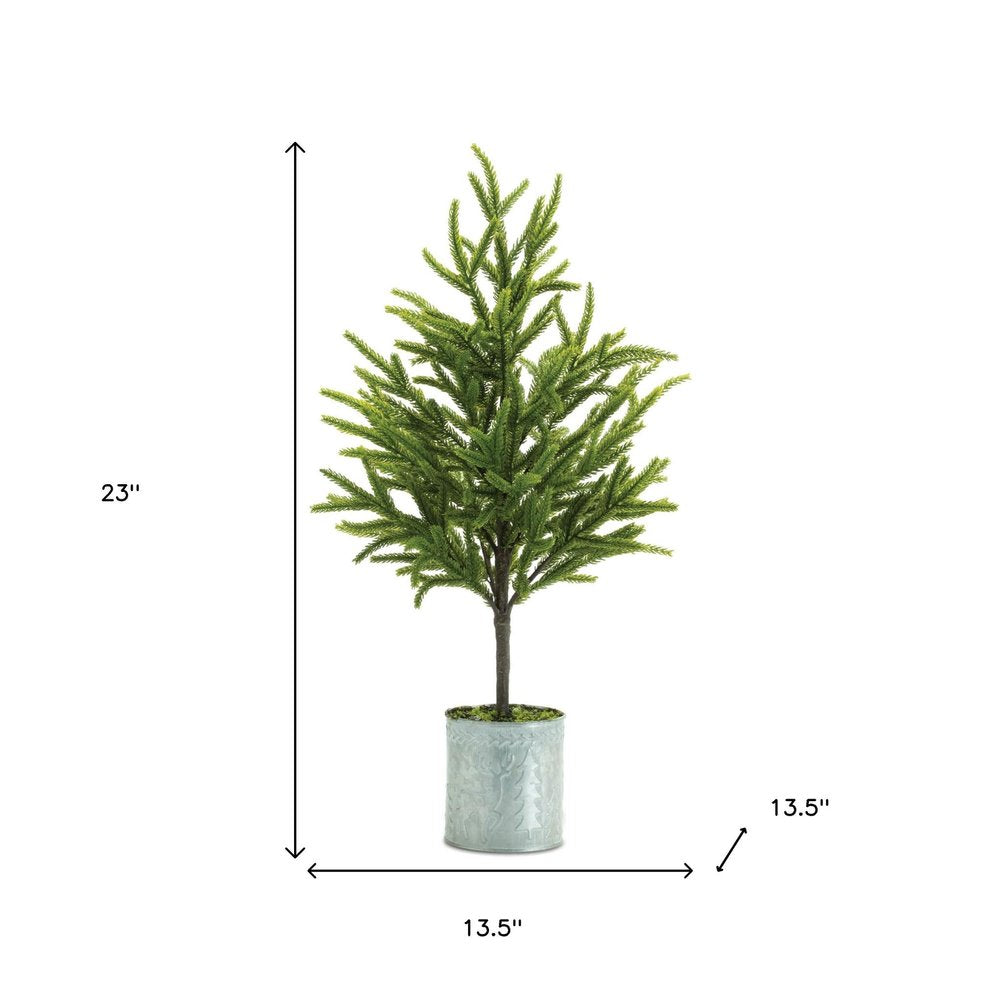 Set of Two 23" Green Mini Artificial Pine Trees In Galvanized Metal Planters