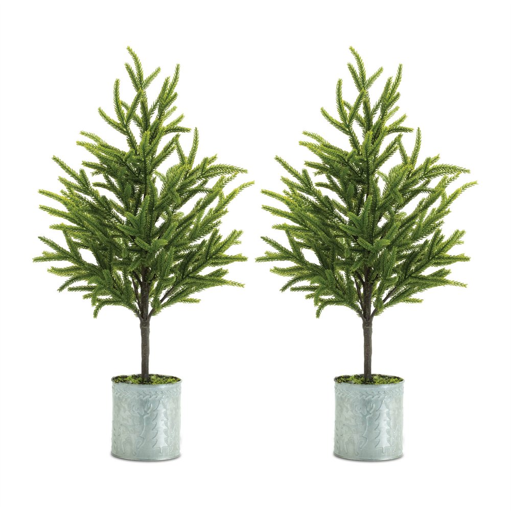 Set of Two 23" Green Mini Artificial Pine Trees In Galvanized Metal Planters