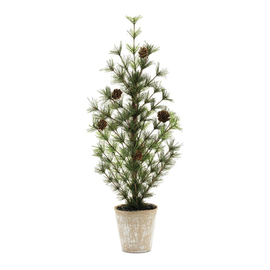10" Green And Brown Artificial Pine In Round Brown Metal Pot