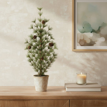 10" Green And Brown Artificial Pine In Round Brown Metal Pot