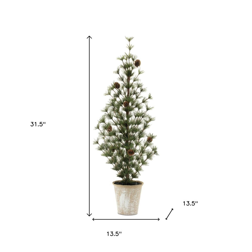 Set of Two 32" Mini Artificial Pine Trees With Pinecones In Rustic Brown Pots