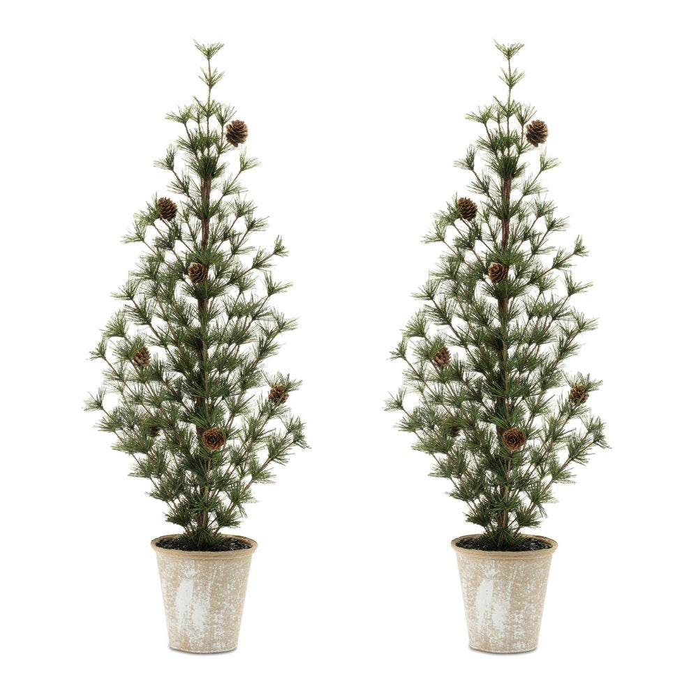 Set of Two 32" Mini Artificial Pine Trees With Pinecones In Rustic Brown Pots