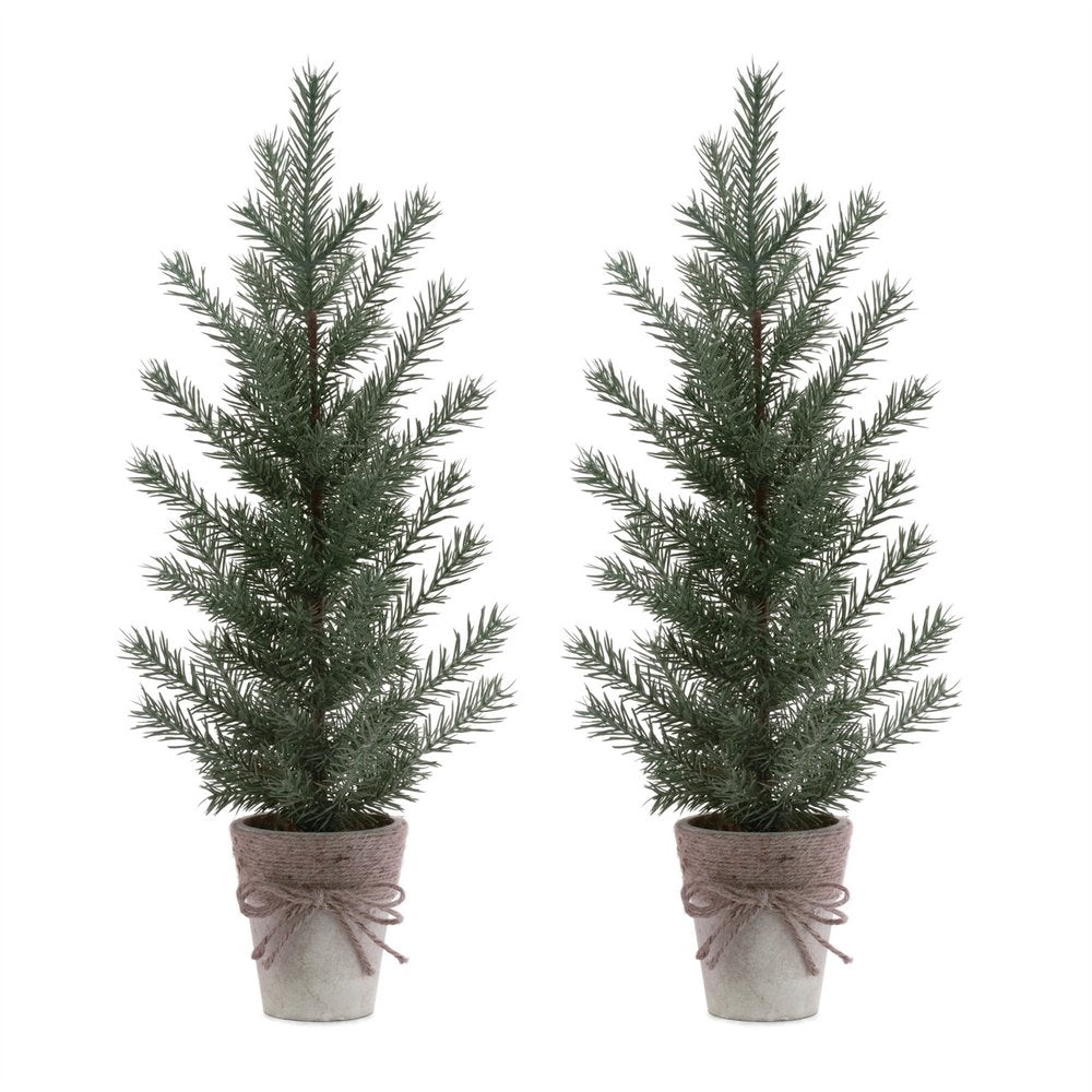 Set of Two 24" Mini Artificial Pine Trees In Rustic Beige Bow Tie Pots
