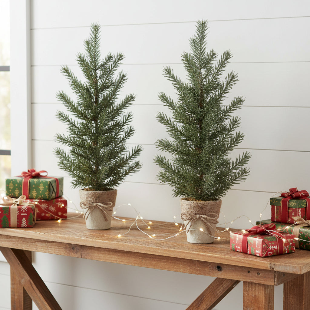 Set of Two 24" Mini Artificial Pine Trees In Rustic Beige Bow Tie Pots