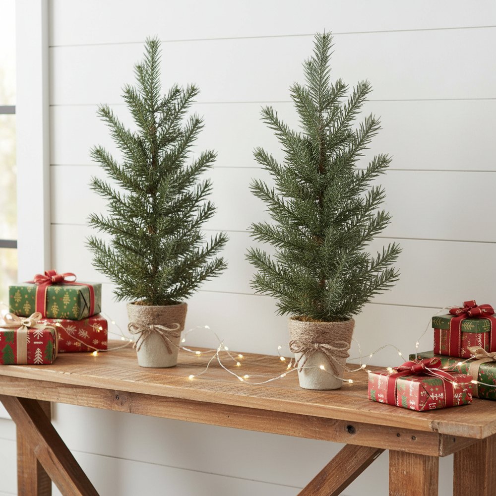 Set of Two 24" Mini Artificial Pine Trees In Rustic Beige Bow Tie Pots