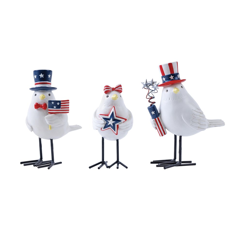 Set of Three Red White And Blue Polyresin Americana Bird Figurines