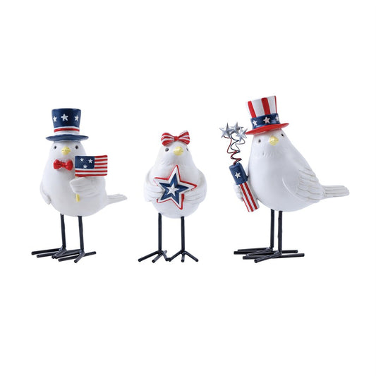 Set of Three Red White And Blue Polyresin Americana Bird Figurines