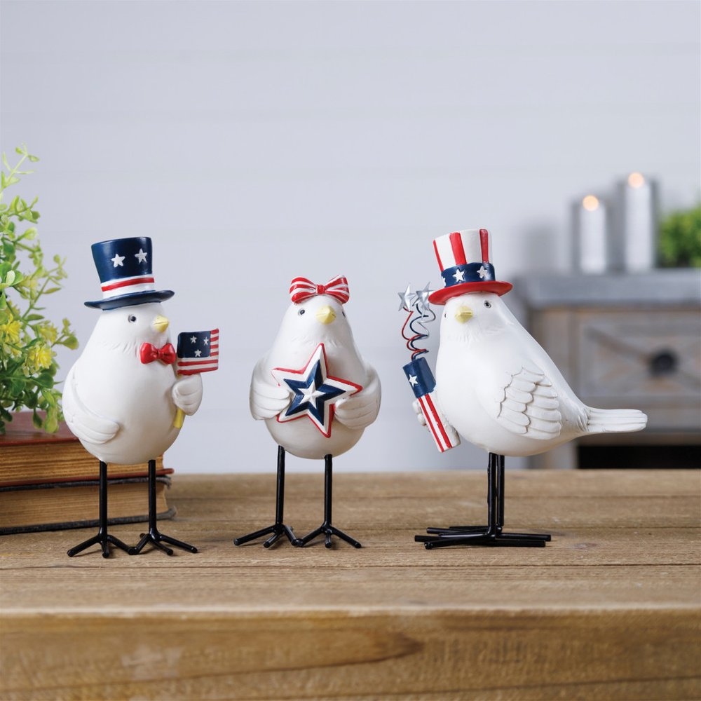Set of Three Red White And Blue Polyresin Bird Independence Day Figurine