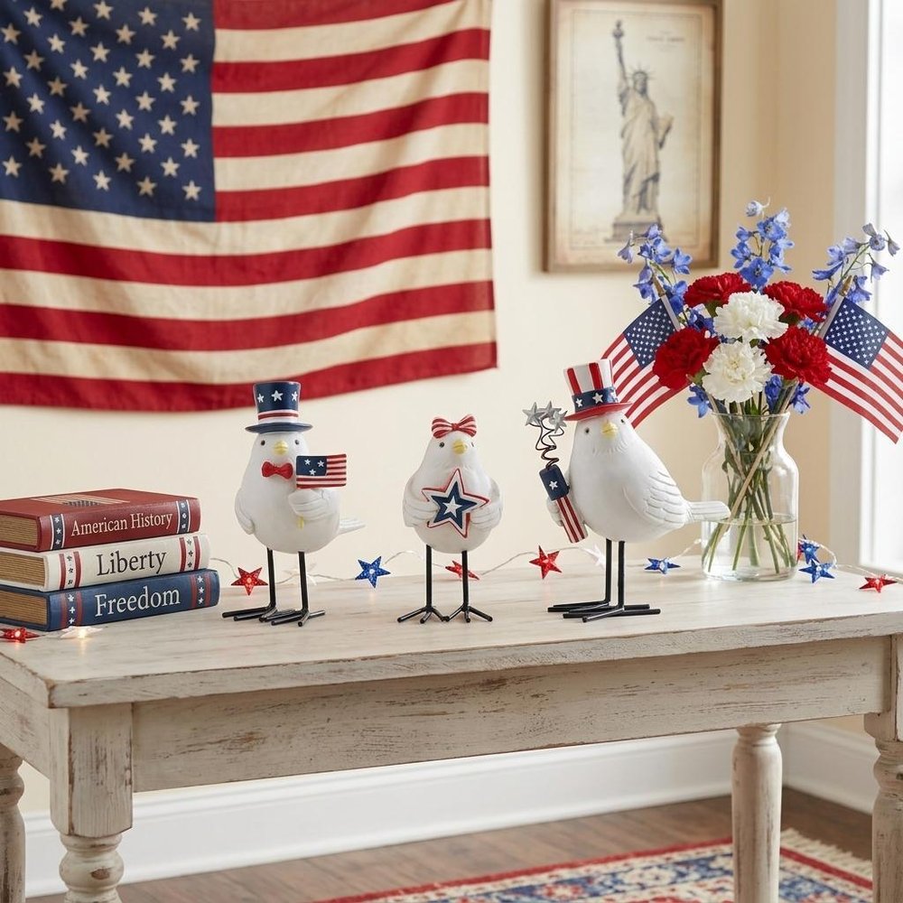 Set of Three Red White And Blue Polyresin Americana Bird Figurines