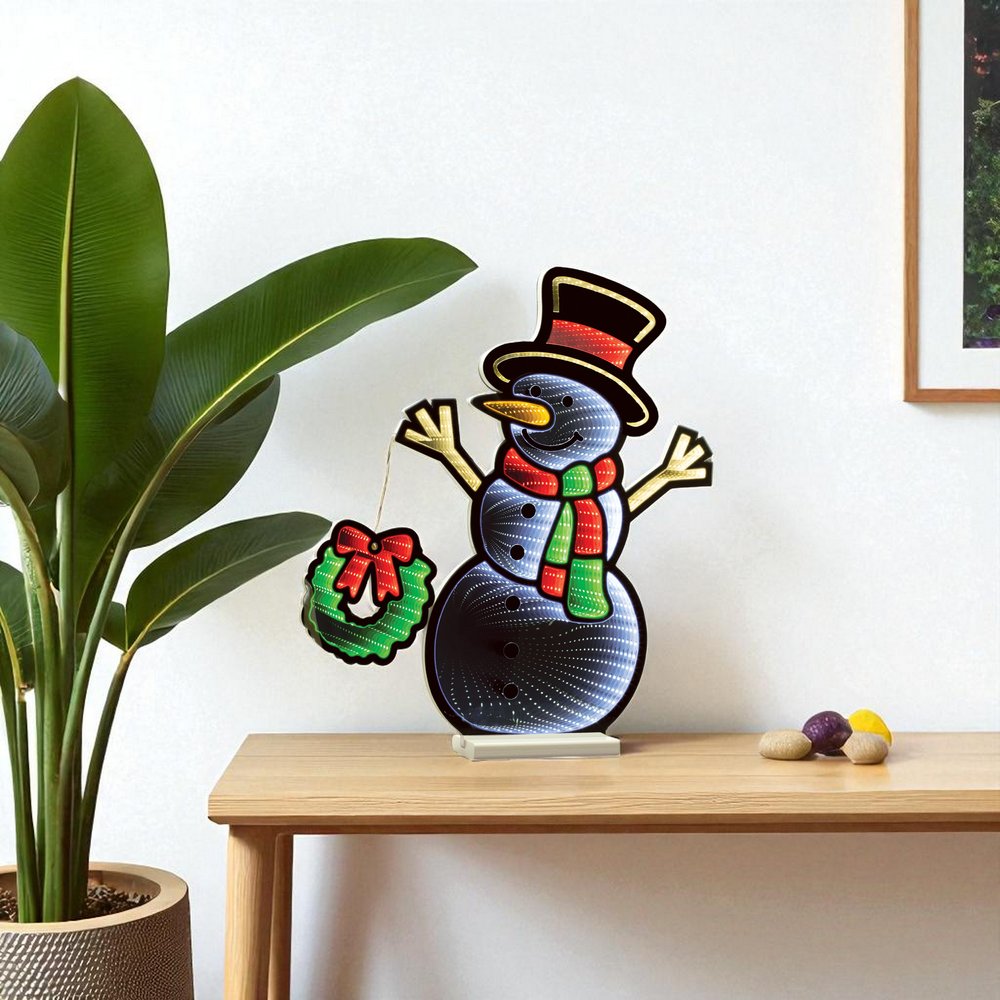 24" White Red And Green Acrylic Christmas Snowman Tabletop Sign with LED