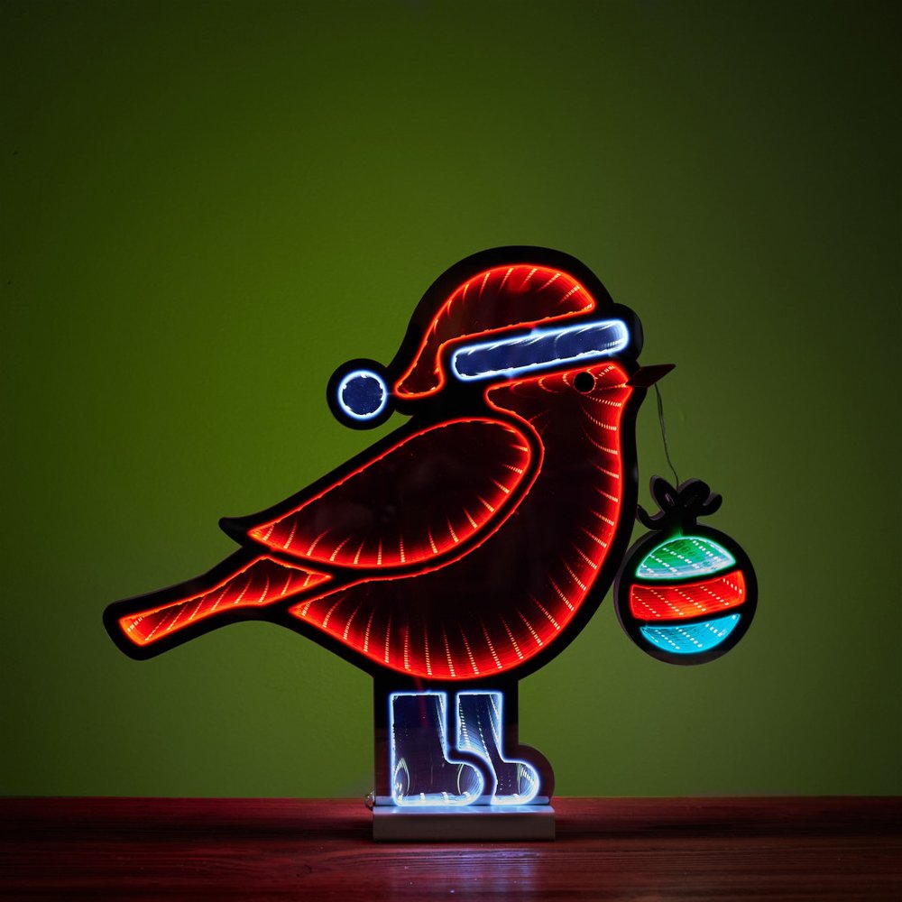 16" Red White And Green Acrylic Bird Christmas Tabletop Sign with LED