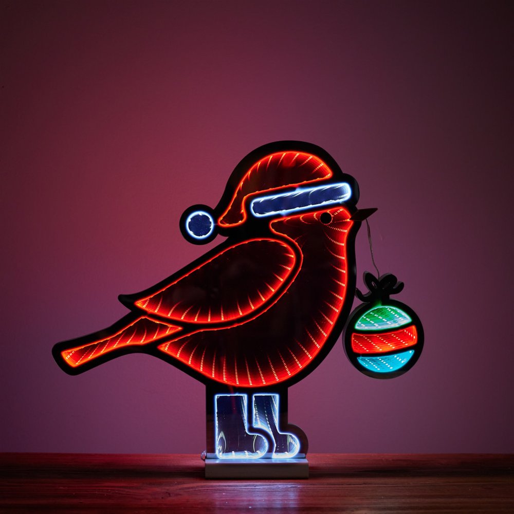 16" Red White And Green Acrylic Bird Christmas Tabletop Sign with LED